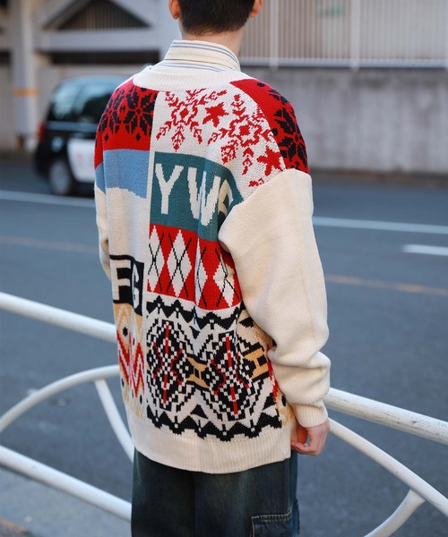 カーディガン 「HOOK」パッチワーク柄ニットカーディガン メンズ