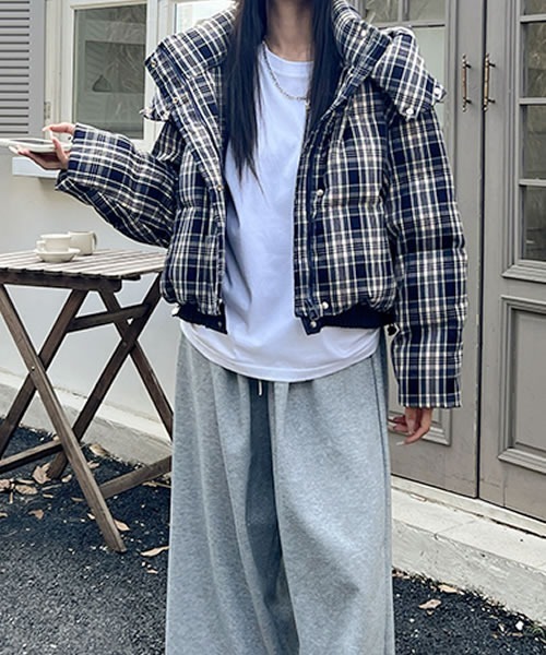 ダウンコート ダウンジャケット フード付きチェック柄ダウンジャケット