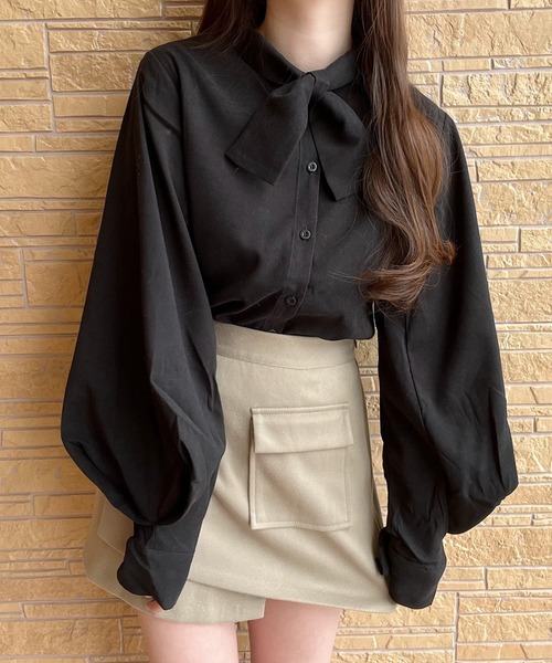 ブラウス シャツ クロスタイバルーンスリーブシャツ レディース