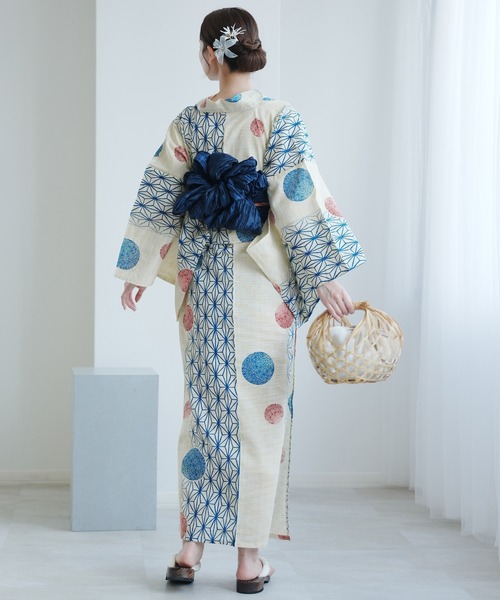 utatane 浴衣 浴衣3点セット 綿麻 紺色の麻の葉と鞠 レディース