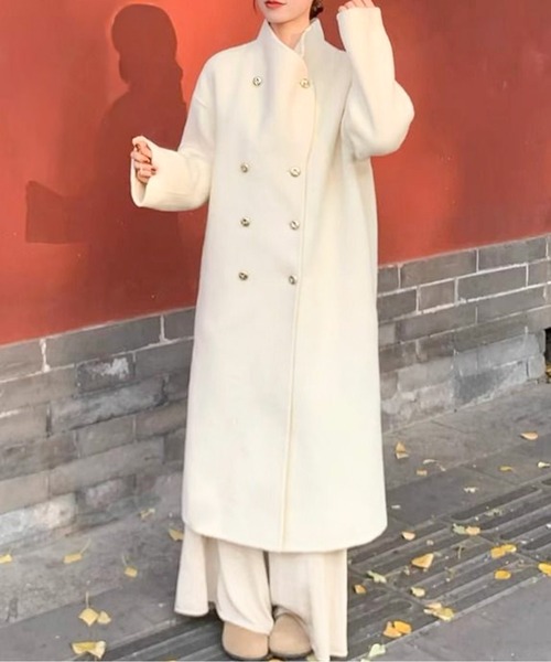 コート アウター スタンドカラーダブルボタンロングコート レディース