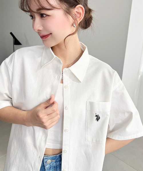 moment+ ブラウス シャツ U.S.POLO ASSN.ワンポイント刺繍半袖オックス