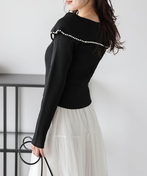 ニット セーター ビッグカラー×パール ジップニット レディース