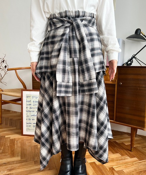 moment+ スカート ラップ風ランダムヘムチェックスカート : ZOZOTOWN
