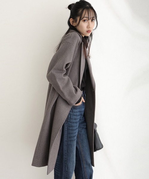 ElegChic コート チェスターコート 家で洗えるヘリンボーン柄 コート