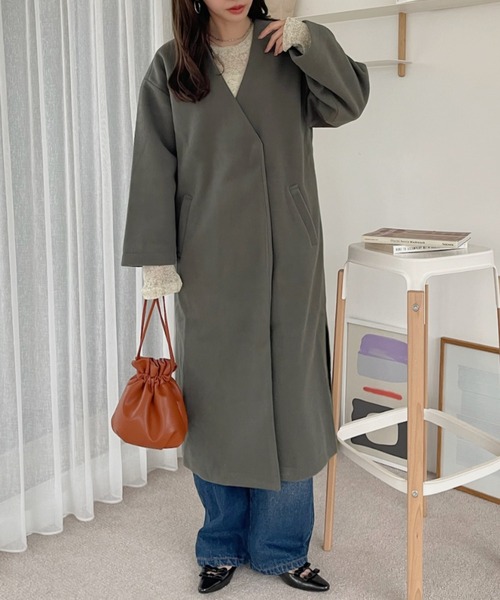 TREOVER ノーカラーコート コート サイドスリット ノーカラーロング