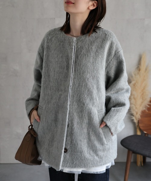 sakishimatokyo ノーカラーコート コート シャギー ノーカラーコクーン