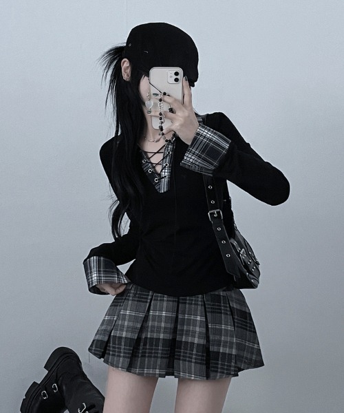 gossip!ロサンゼルス tシャツ Y2K チェックレースアップ長袖Tシャツ