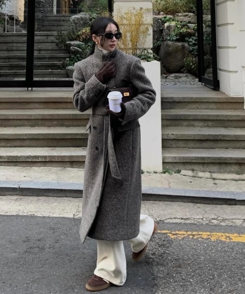 Aelina コート アウター ダブルブレストロングコート レディース