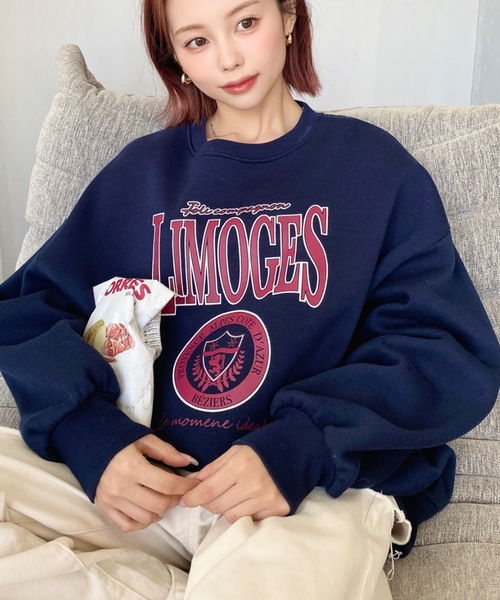 moment+ トレーナー スウェット 裏起毛プリントカレッジロゴスウェット