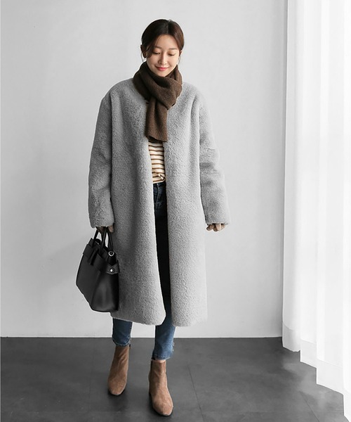 コート チェスターコート フェイクファーノーカラーロングコート