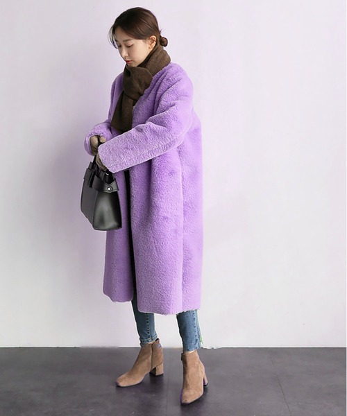 コート チェスターコート フェイクファーノーカラーロングコート