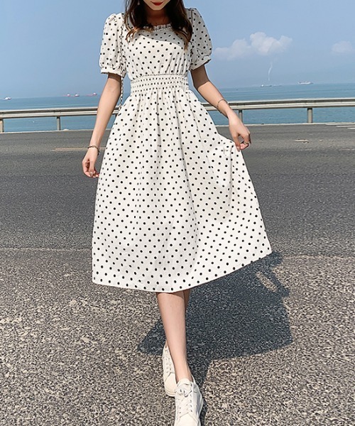 ワンピース ドット柄パールチュールスクエアネックワンピース