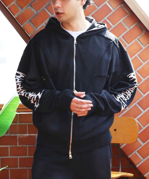 8 パーカー スプレー加工切り替えZIPパーカー メンズ レディース