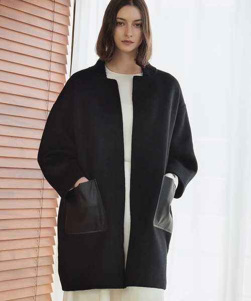 ELFRANK コート アウター 「ウール70％」レザーポケット ドロップ