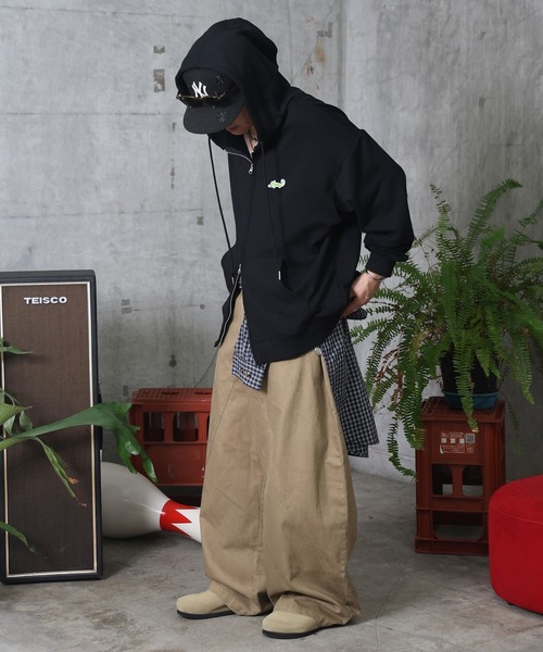 Labordi パーカー ワンポイントロゴ刺繍 ビッグシルエット ダブル