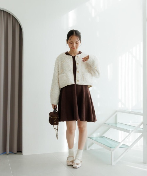 flower ジャケット ノーカラージャケット リボンボアジャケット