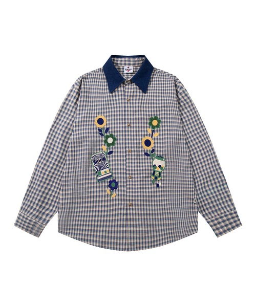 シャツ HOOK -original- レトロ調花パッチワーク刺繍チェック柄長袖