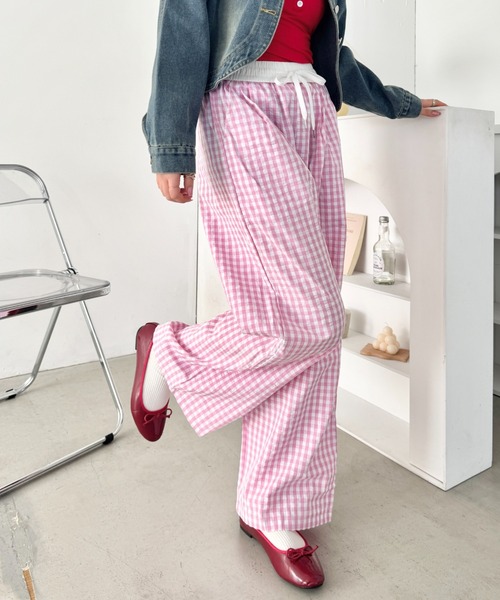 SOLLON.（ソルロン） パンツ レイヤード風ギンガムチェックパンツ