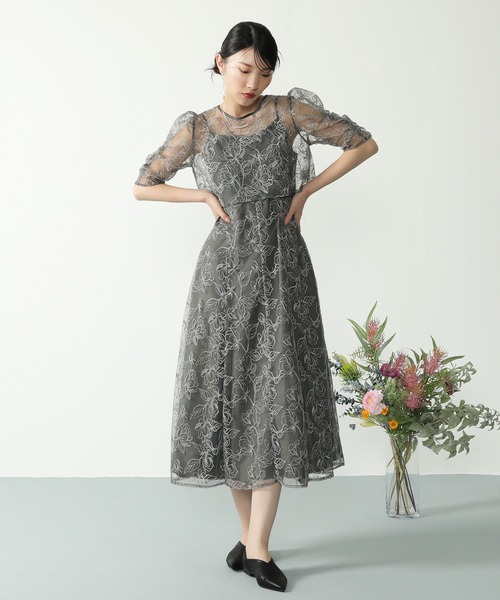 Kana ドレス シャーリングスリーブ 総レース フェミニン パーティー