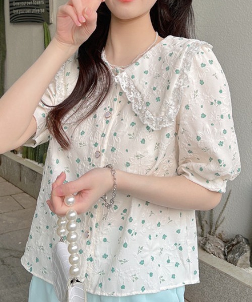 ブラウス シャツ 花柄パフスリーブレーストップス レディース