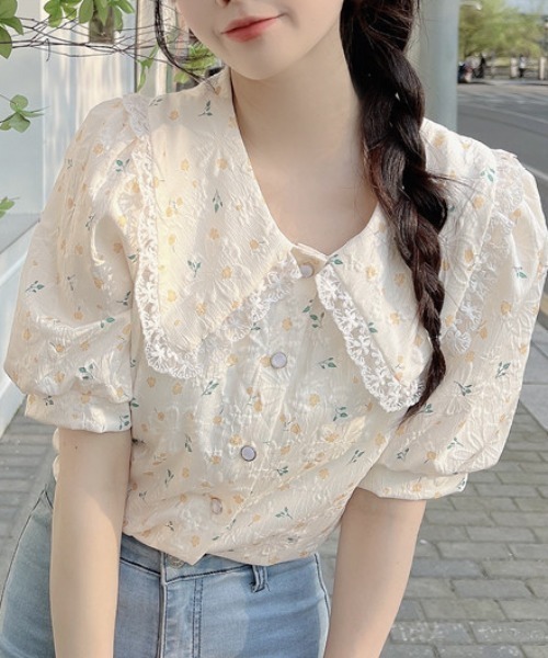 ブラウス シャツ 花柄パフスリーブレーストップス レディース