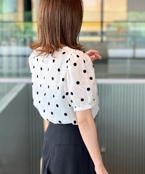 ブラウス シャツ ドット柄パフスリーブシアーブラウス レディース