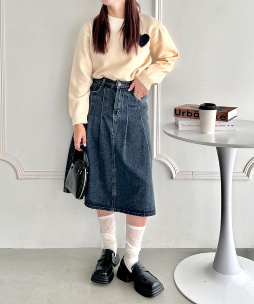 SOLLON.（ソルロン） デニムスカート ビッグプリーツミドル丈デニム