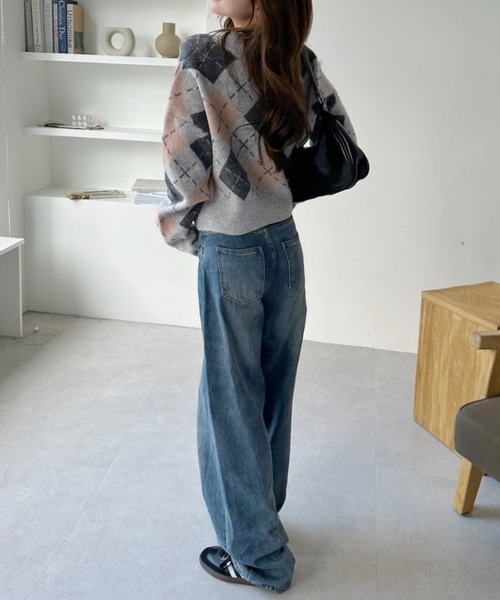 ニット セーター Vネック アーガイル柄 ショート丈 レディース