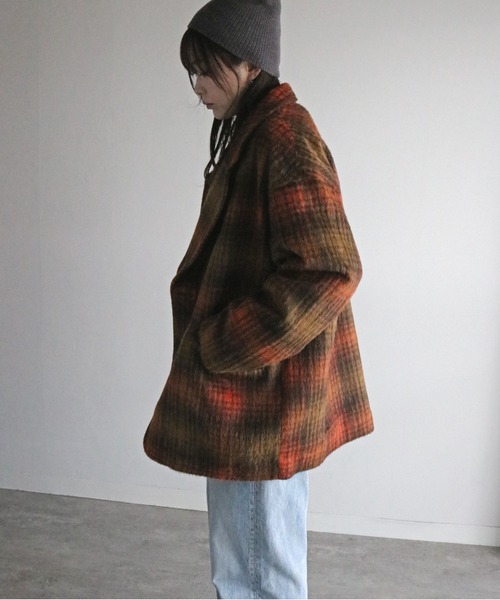 ジャケット テーラードジャケット シャギーチェックミドル丈ルーズ