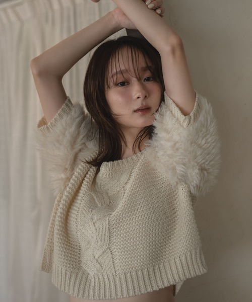 mideal（マイディール） ニット セーター faux fur sleeve cable knit