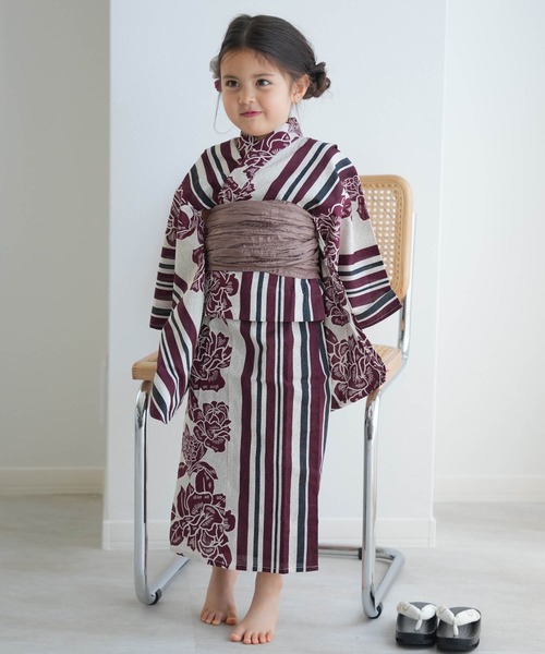 utatane 浴衣 キッズ浴衣3点セット ニコアンティーク 大正浪漫えんじ縞
