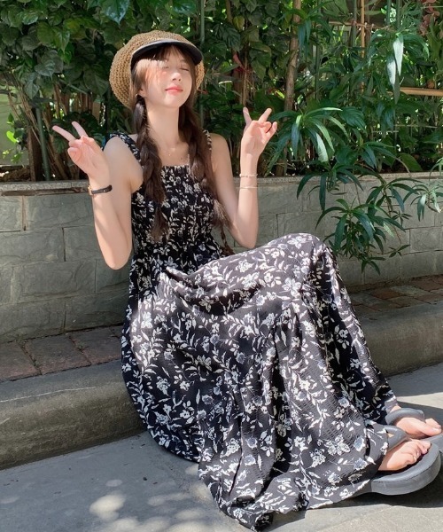 DIAVEL ワンピース ノースリーブ 花柄シャーリングロングキャミ