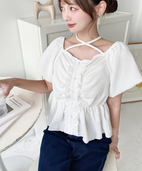 moment+ tシャツ クロスネックフロントフリルペプラム半袖トップス