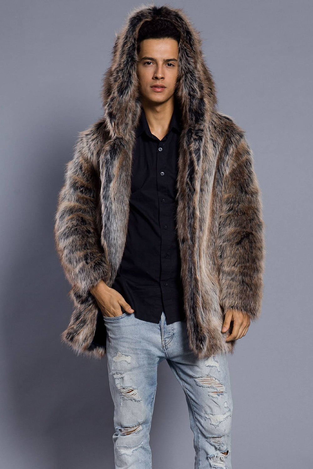 Zapaka Brown Open Front Lapel Neck Long Faux Fur Hooded Men Coat