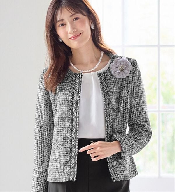 入学式卒業式に！フリンジ使いツイードノーカラージャケット 大きい