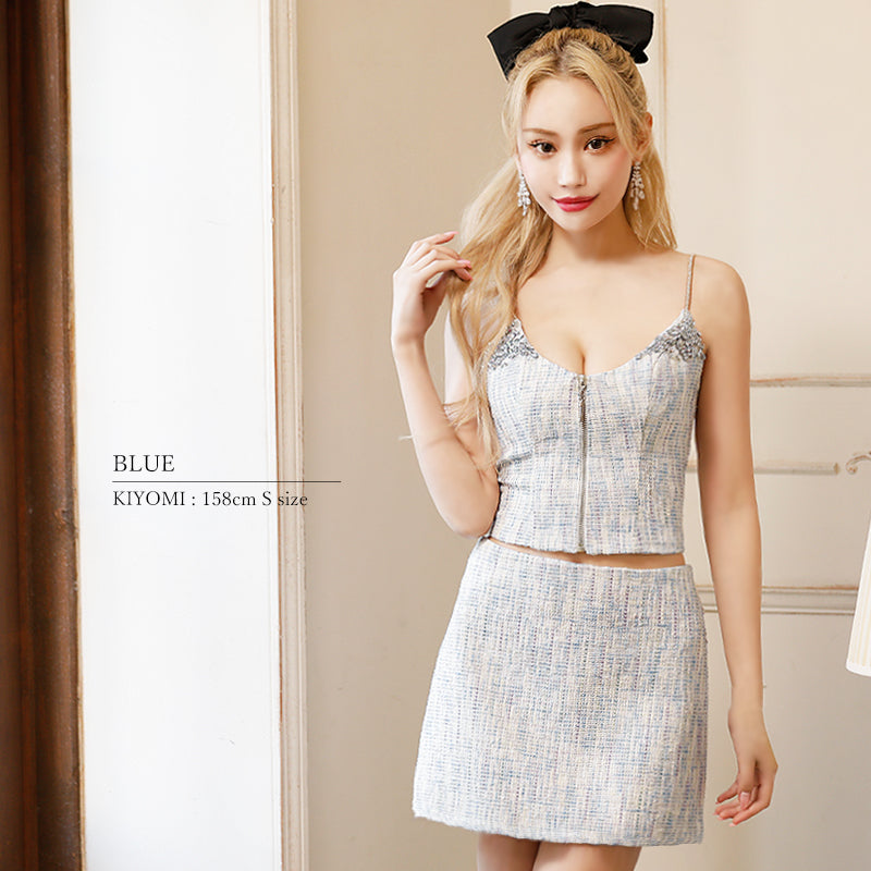 フロントファスナーチェーンツイードセパレートフレアマイクロミニ