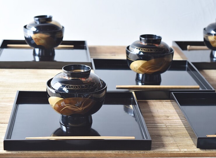 輪島塗 扇面蒔絵 松竹梅蘭菊 流水 雑煮椀 5客セット - 生活骨董と古布