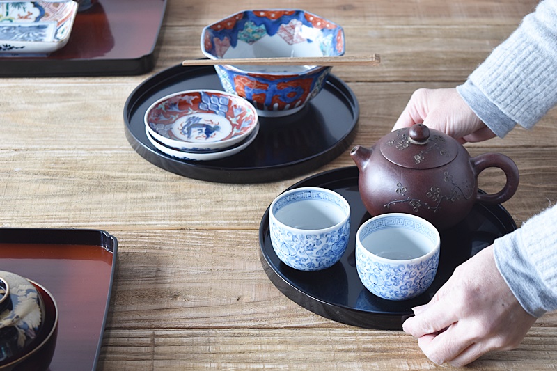 輪島塗 真塗 丸盆 大小セット 給仕盆 通い盆 懐石料理道具 - 生活骨董