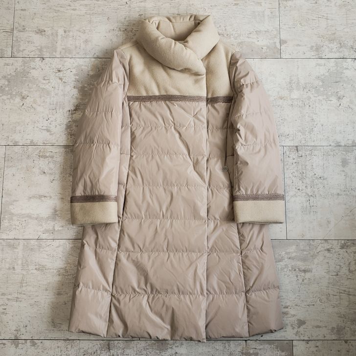 ハナエモリ ☆ ダウンロングコート 切り替えデザイン ベージュ 40