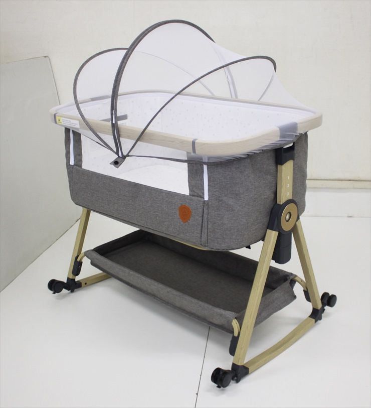 美品 HZDMJ ベビーベッド グレー 添い寝 寝台サイズ約85×48 折畳可能