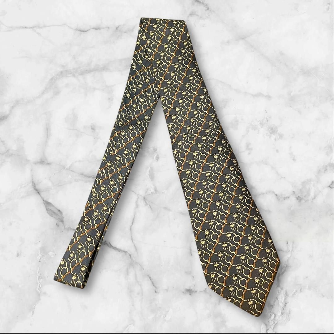 美品 HERMES エルメス ネクタイ シルク100% グレー 総柄 チェーン柄