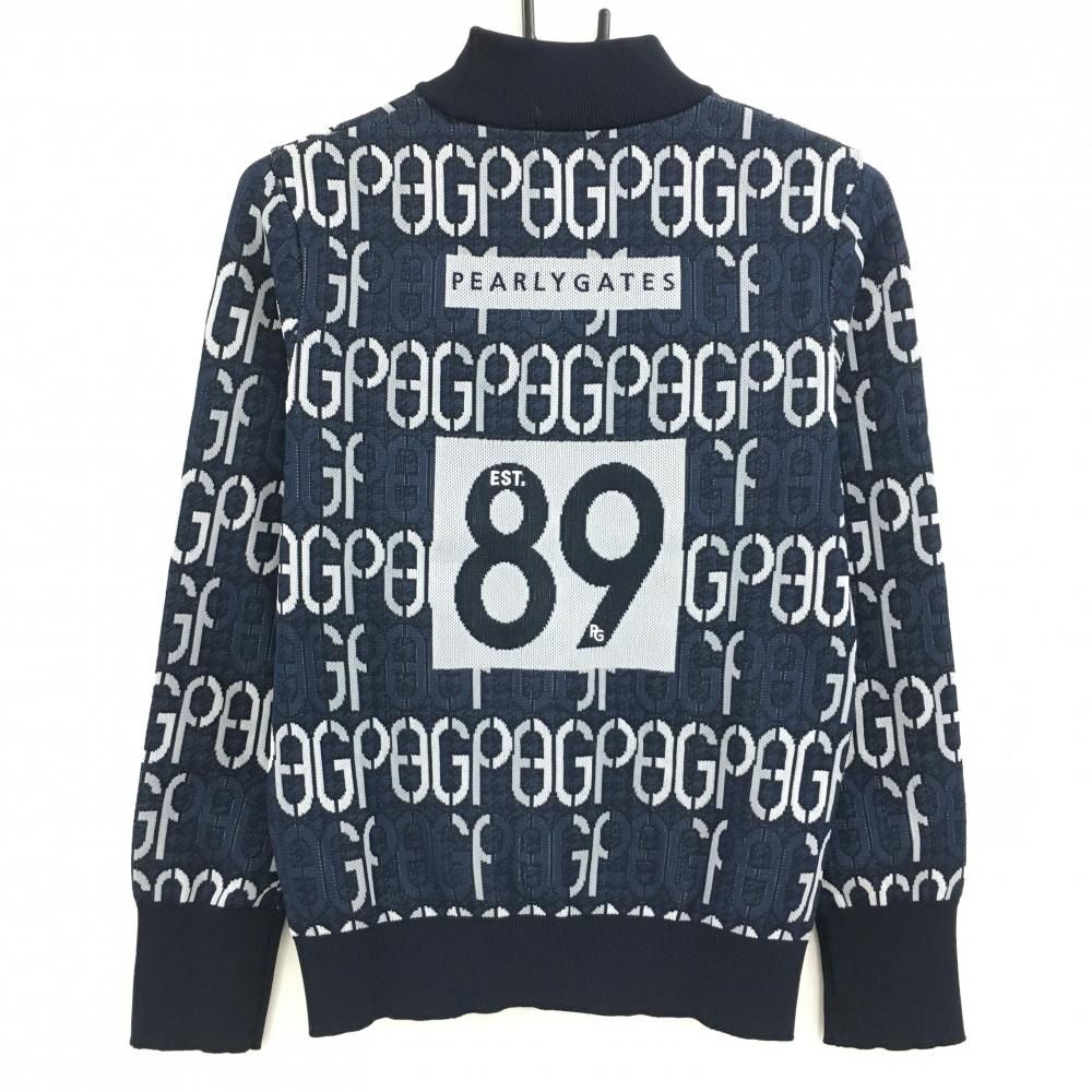 美品】パーリーゲイツ ハイネックセーター ネイビー×白 ロゴ総柄