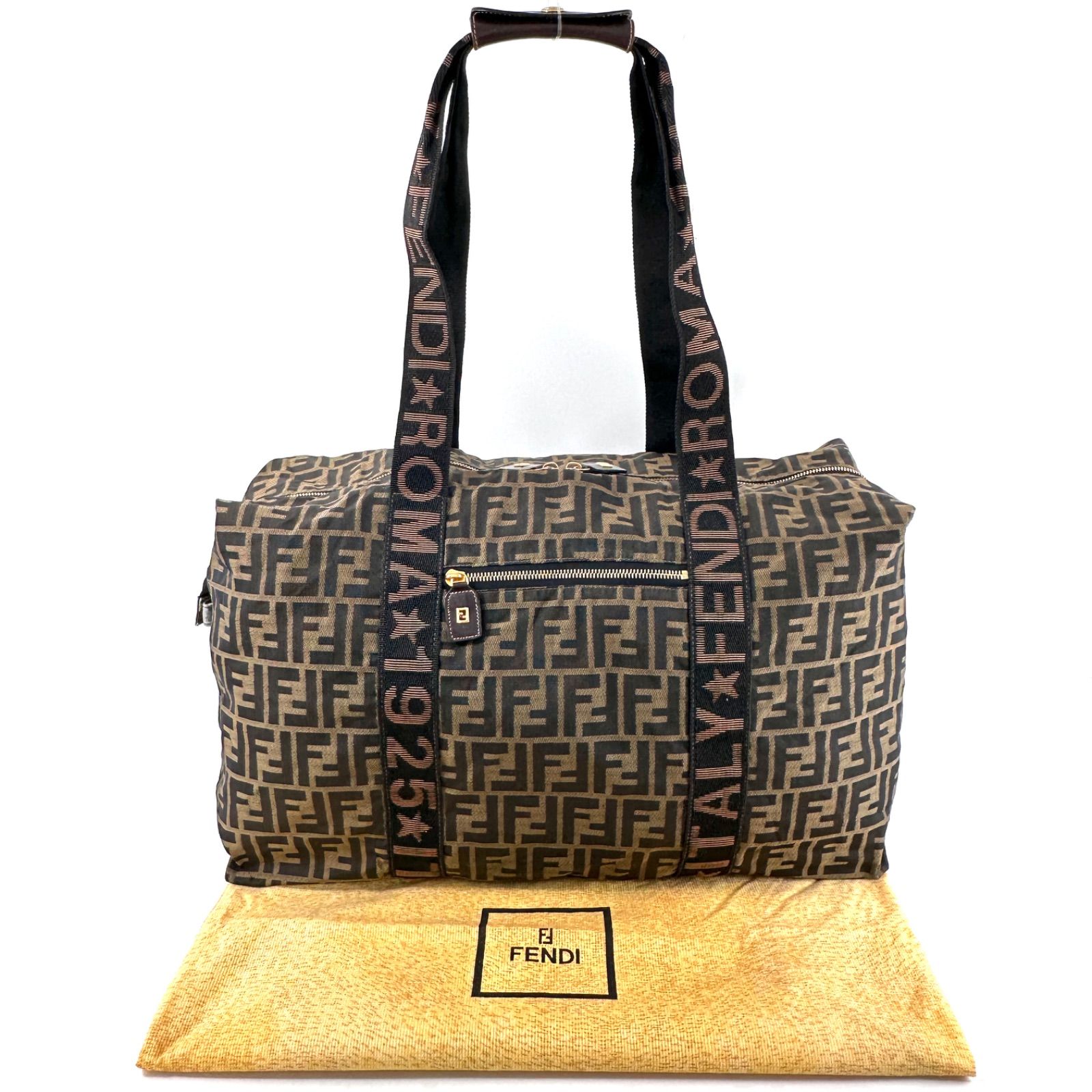 FENDI】 ズッカ柄 ラージボストンバッグ ブラウン ナイロン レザー