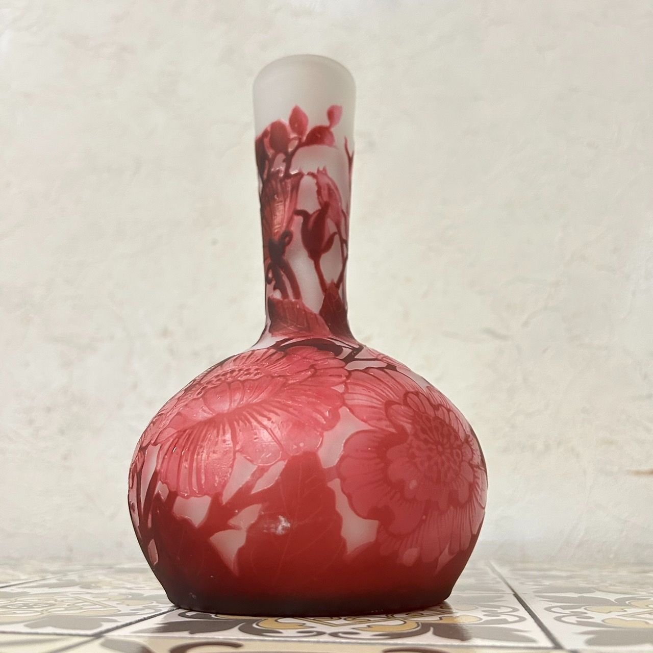 証明書 エミールガレ 鶴首 花瓶 カメオ彫り 被せガラス 高さ19cm