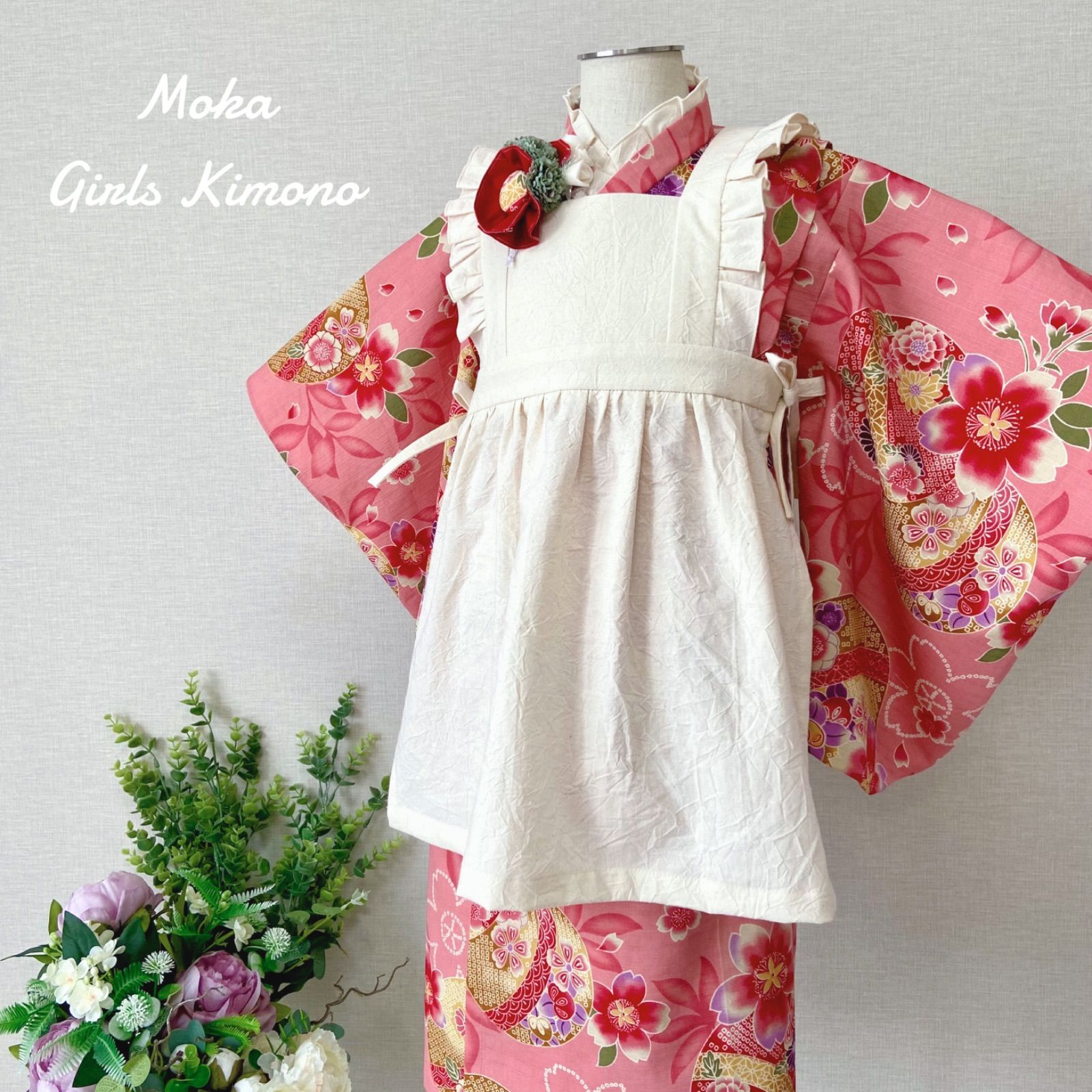七五三 3歳 着物＆被布エプロンセット 和柄ピンク×生成り ハンドメイド