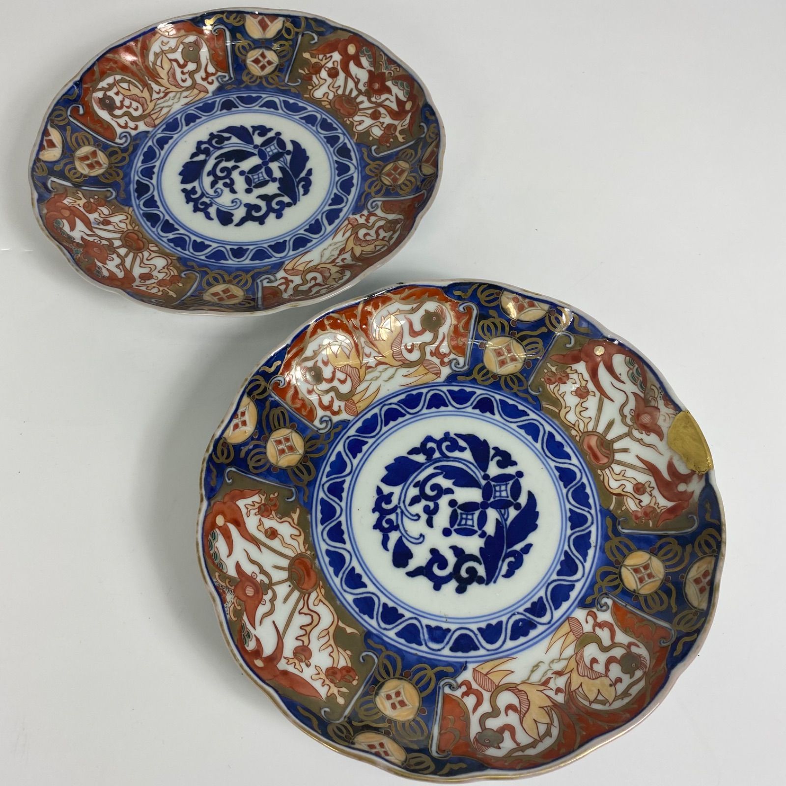 希少 古伊万里 長春富貴 印判 金継ぎ有 アンティーク色絵皿 ペア 骨董