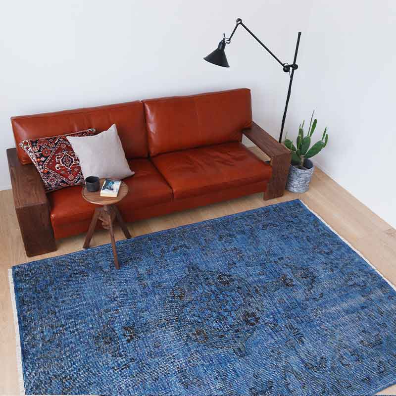 ヴィンテージ風ラグ ウール100％の青いラグ [DP03ブルー] | ボー