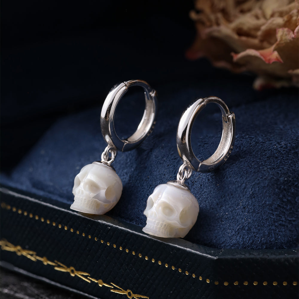 Classic Skull Pearl Drop Huggie Hoop Earrings-Belle Juri