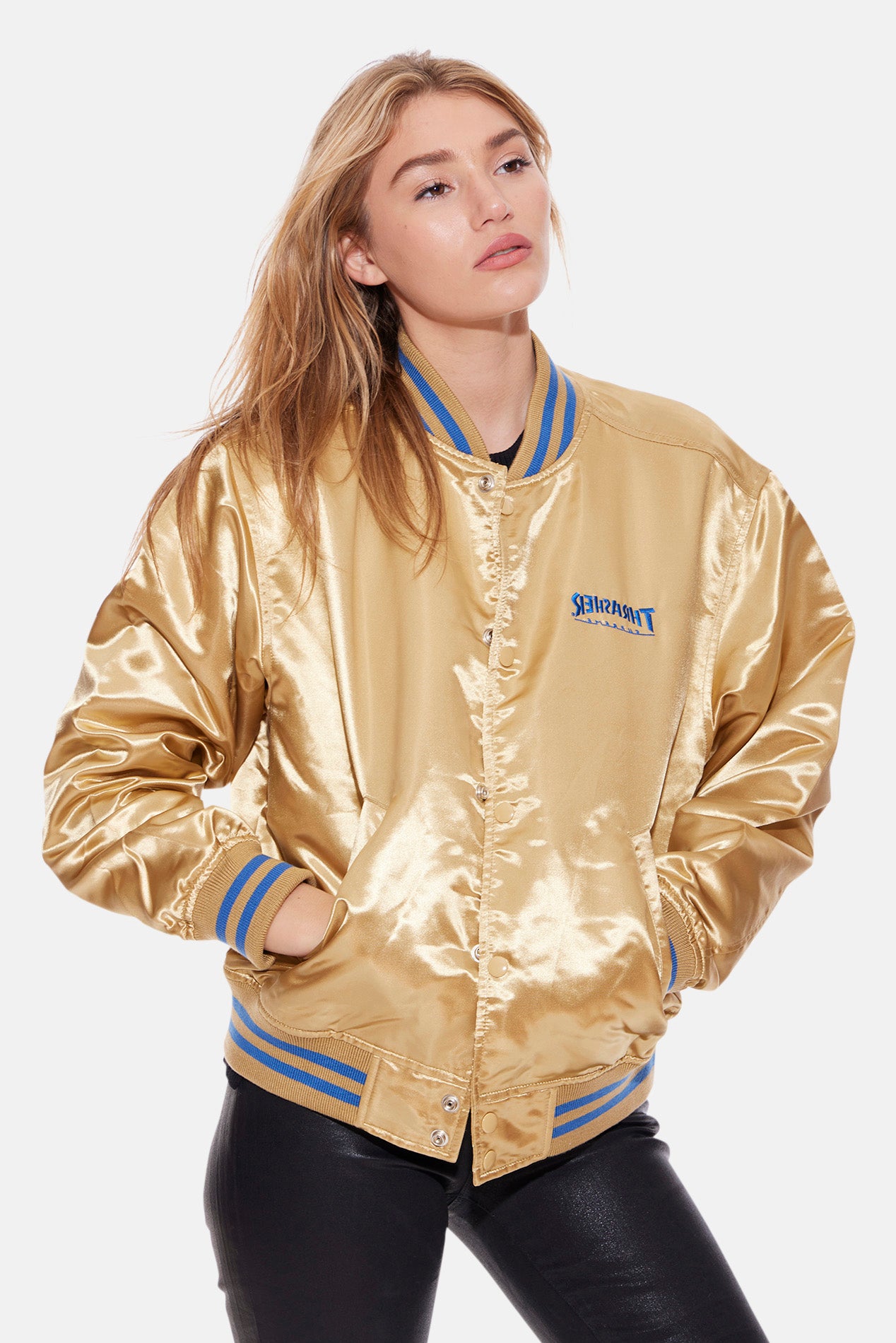 x Thrasher Satin Varsity Jacket Gold – blueandcream